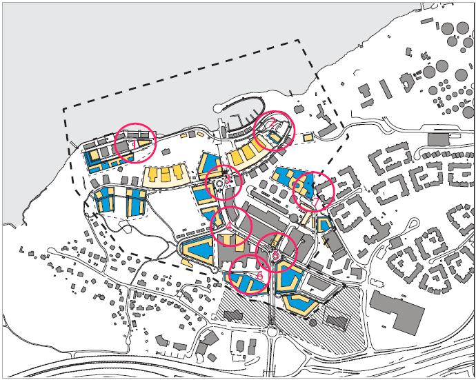 5 Genomgång av utvalda vistelsemiljöer I följande avsnitt diskuteras vindkomforten vid sju platser vid Nacka Strand utifrån åtta vindriktningar. Platsernas placering framgår avfigur 8.