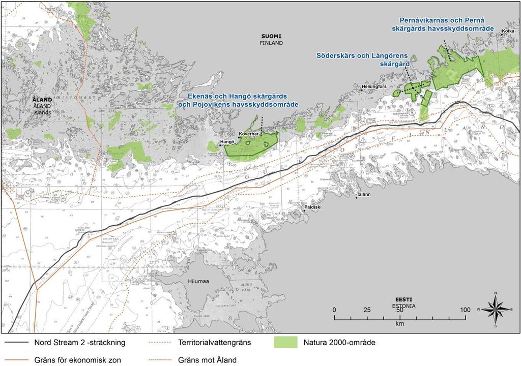 3 2. BESKRIVNING AV PROJEKTET Placeringen av NSP2-sträckningen och platserna för Naturaområdena för vilka behovsprövning av Naturabedömning gjorts visas i Figur 2-1. Figur 1-2.