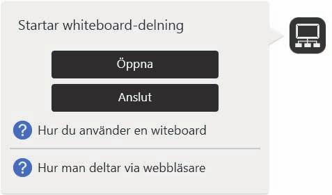 7. Använda en fjärr-whiteboard för att dela skärm Delta från den interaktiva whiteboardtavlan 1. Tryck på [Anslut] på ikonen Dela. SV DHG347 2. När ett meddelande visas trycker du på [Fortsätt]. 3.