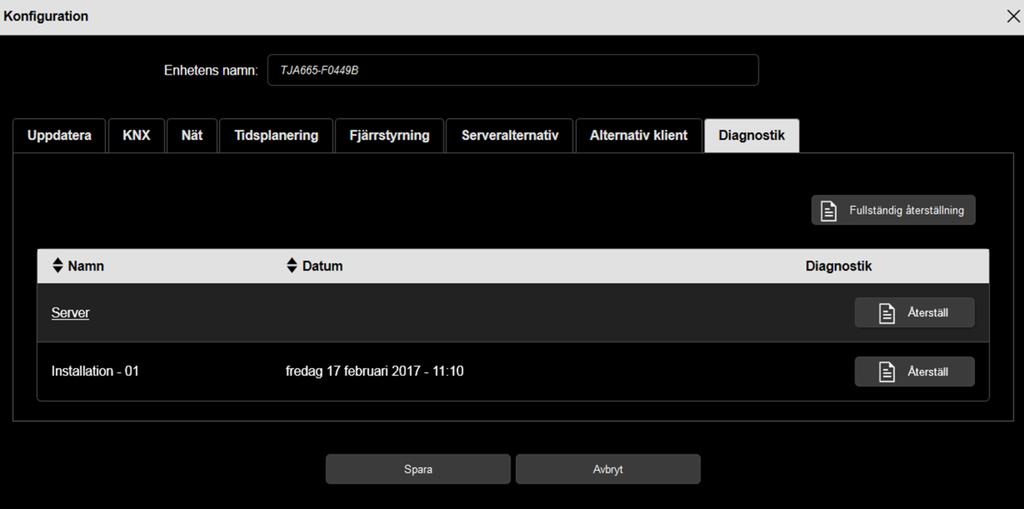 9.2.2.8 Diagnostik Med diagnostiken är det möjligt att generera händelseloggar för analys i händelse av probelm med installationen.