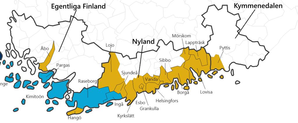 Befolkning Södra Finland Tvåspråkiga, finsk majoritet Hela Svenskspråkiga befolkningen antal procent Nyland 1 603 388 133 215 8,3 Borgå 49 728 14 961 30,1 Esbo 265 543 20 261 7,6 Grankulla 9 357 3