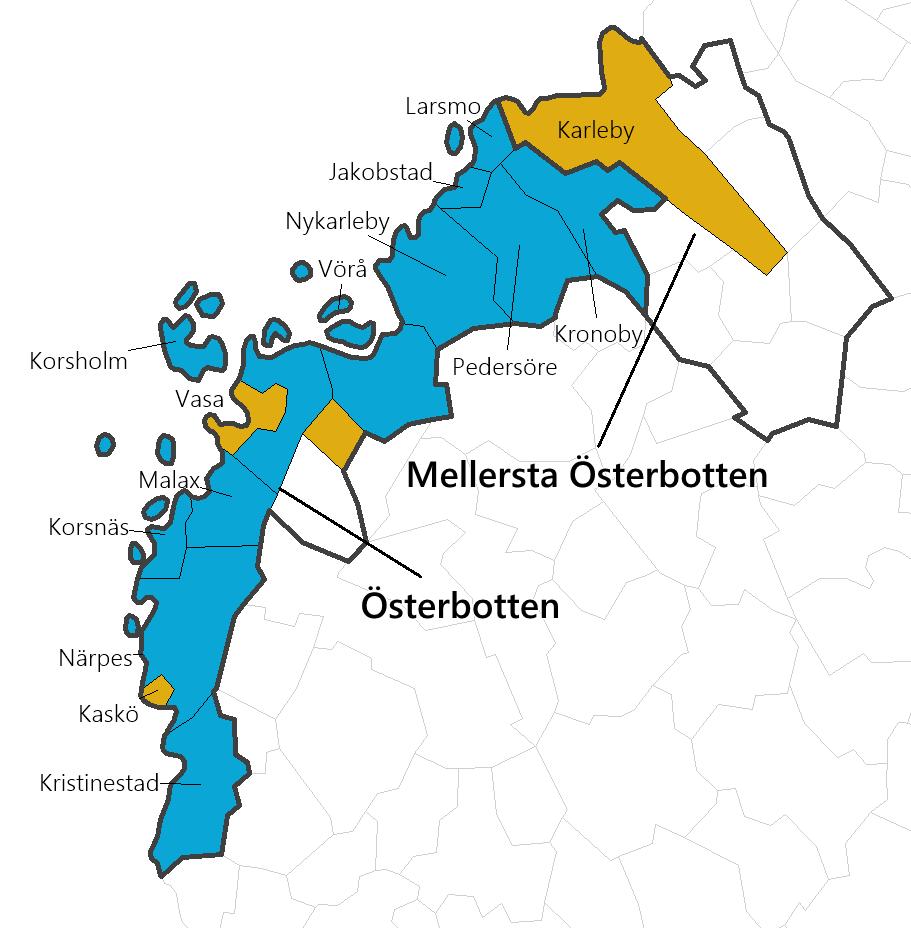 Befolkning Österbotten Tvåspråkiga, finsk majoritet Tvåspråkiga, svensk majoritet Hela Svenskspråkiga befolkningen antal procent Österbotten 181 156 90 286 49,8 Jakobstad 19 577 10966 56,0 Kaskö 1