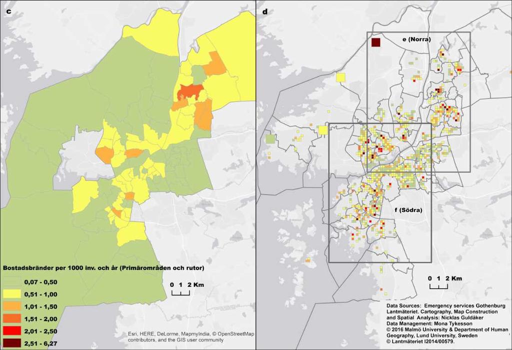 14 Figur 5. Karta a visar bostadsbränder i punktform i Göteborg för åren 2007 2015. Karta b visar koncentrationer av bostadsbränder per km 2. Numreringen syftar på delområdenas namn (se bilaga 1).