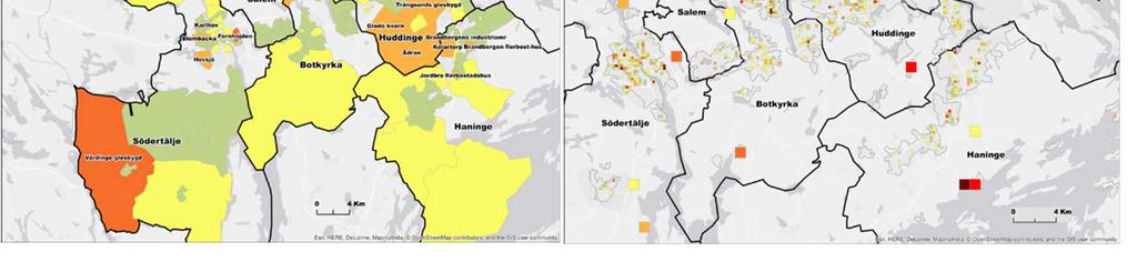 Karta b visar koncentrationer av bostadsbränder per km 2. Kartor c och d visar bostadsbränder per 1 000 invånare över delområden respektive rutor à 250 x 250 meter. 2.4.