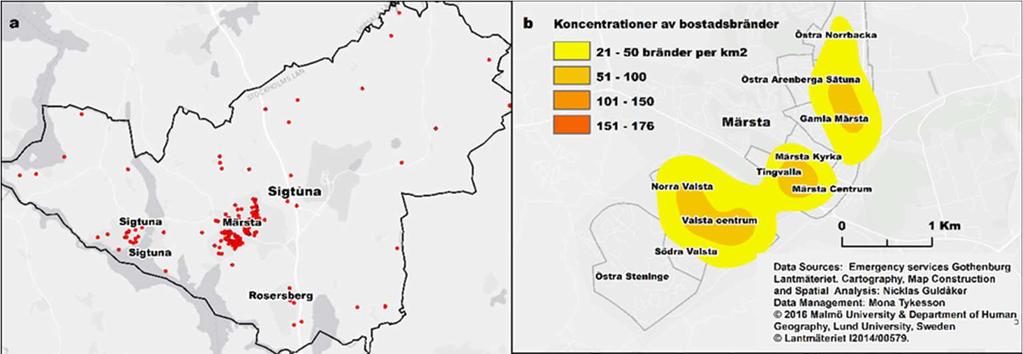 23 Figur 11. Karta a visar bostadsbränder i punktform i Järfälla, Sigtuna och Sollentuna för åren 2007 2015.