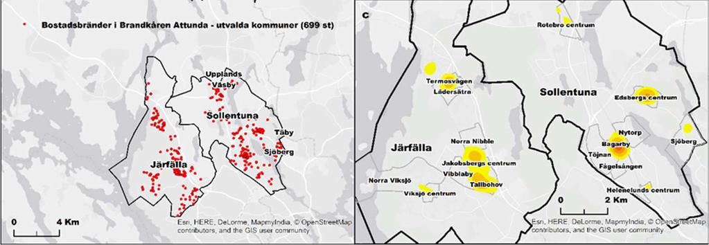 Kartor d och e visar bostadsbränder per 1 000 invånare över delområden respektive rutor à 250 x 250 meter 2.