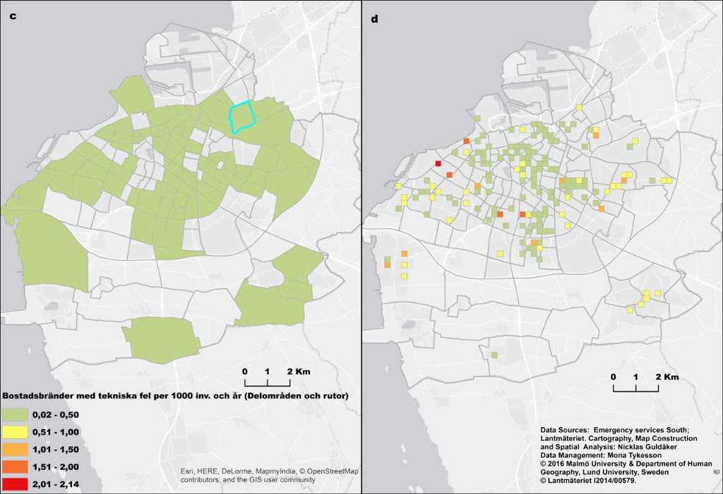 40 Figur 20. Karta a visar bostadsbränder med tekniska fel i punktform för Malmö åren 2007 2015. Karta b visar svaga koncentrationer av bostadsbränder med tekniska fel per km 2.