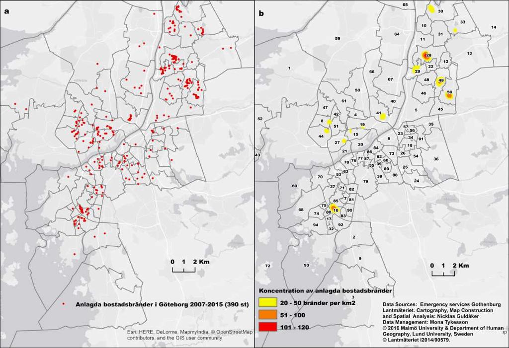 41 Figur 21. Karta a visar anlagda bostadsbränder i punktform i Göteborg för åren 2007 2015.