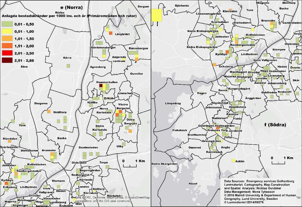 42 Figur 22. Kartor e-f återger anlagda bostadsbränder per 1 000 invånare över rutor à 250 x 250 meter och à 1 000 x 1 000 meter för Göteborg per år 2007 2015.