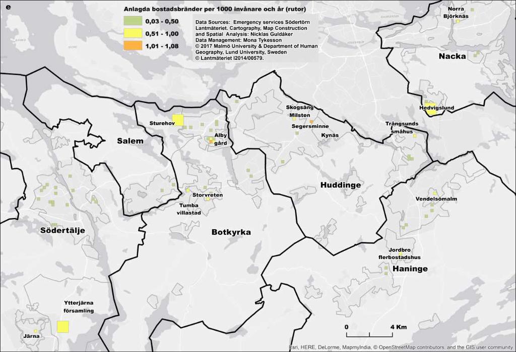 Karta e återger anlagda bostadsbränder per 1 000 invånare över rutor à 250 x 250 och rutor à 1 000 x 1 000