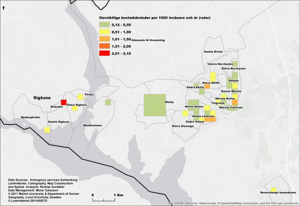 Sollentuna. Karta b och c visar koncentrationer av bostadsbränder per km 2. Figur 41.