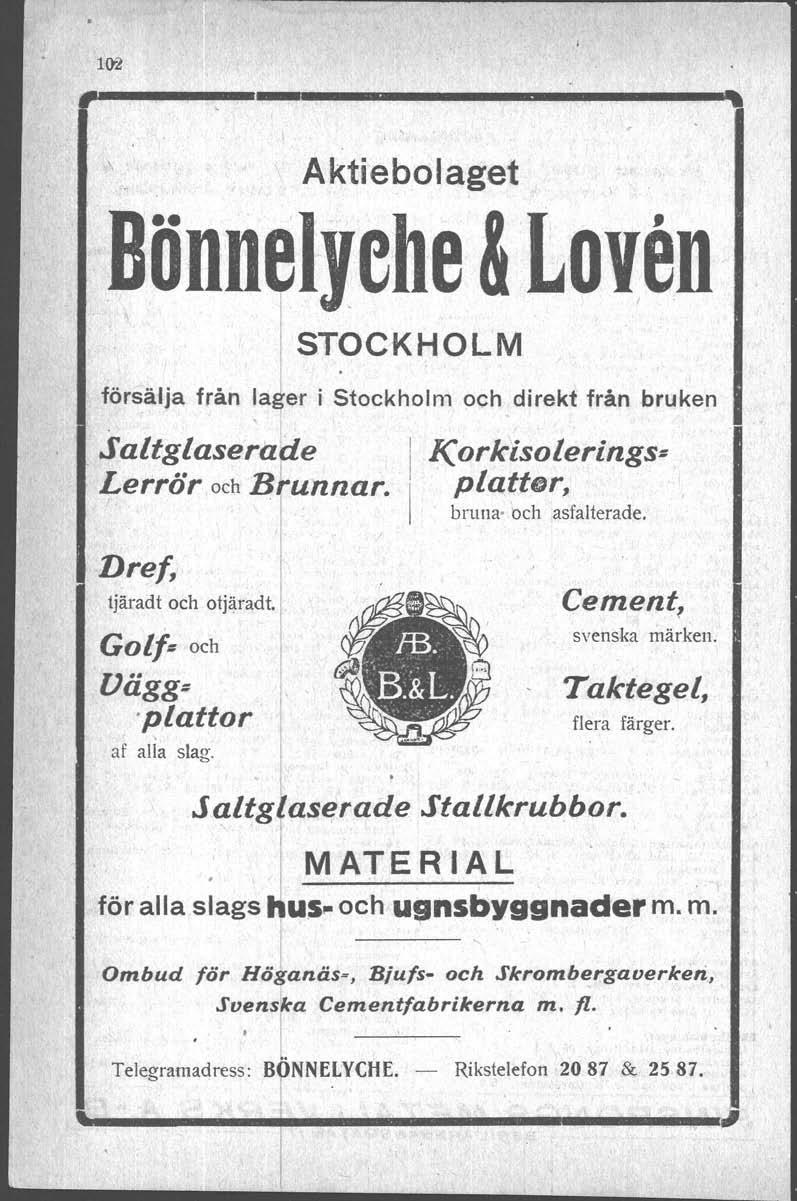 100 --...-----, \ Aktiebolaget Bönnelyehe & LOJen STOCKHOLM försälja från lager i Stockholm och direkt från bruken Saltglaserake /(orkisolerings= L, error och BI. runnar.