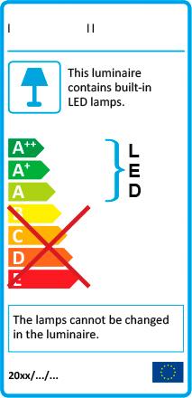 Energimärkning för armaturer i energieffektivitetsklasserna A++ till A Etiketten visar att armaturen är lämplig för LEDlampor i energieffektivitetsklasserna A++ till A och att LED-lamporna som följer