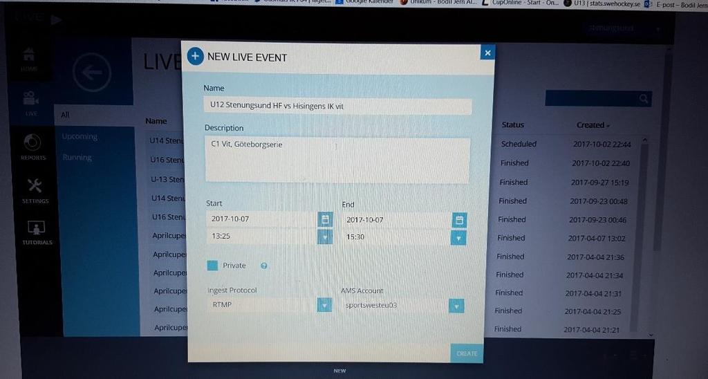 Fyll i titel, börja med vilken ålder te x U14 och sedan vilka lag det är som sak mötas. I fältet Description kan du fylla i valfri text som har med eventet att göra.