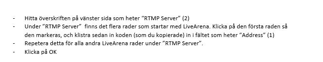 Klicka på Stream i LiveArena Wirecast och Stream knappen lyser rött. Sändningen startar nu på bokad tid. Checka av med Supporten om man är osäker på att allt är igång rätt.