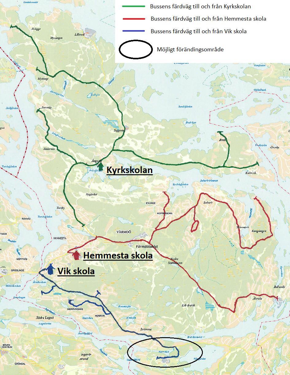 17(19) Bilaga 2. Linjedragningen för de särskilt anordnade skolskjutsbussarna på Värmdölandet Karta 1.