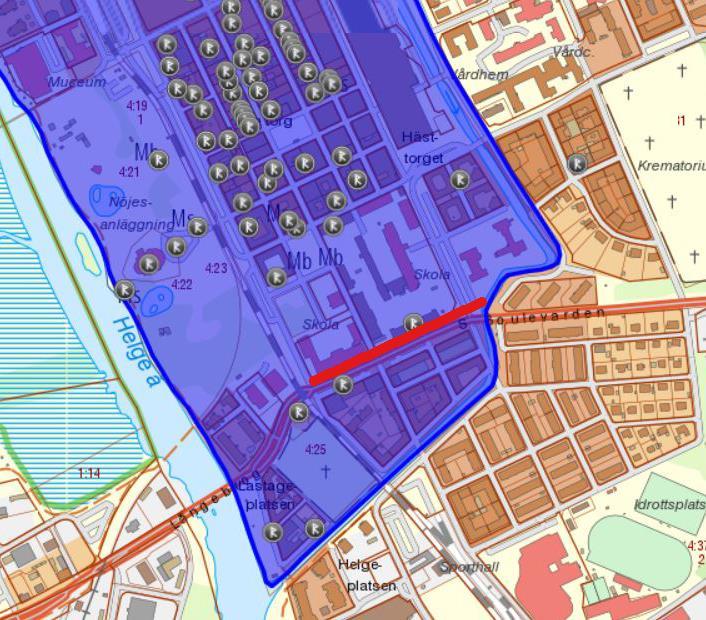 Figur 3. Utdrag ur FMIS, blått markerar fornlämning Kristianstad nr 93, rött streck visar förundersökningsområdet.