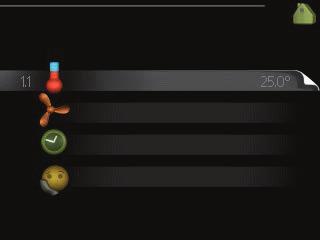 Menynummer - markerad undermeny Namn och menynummer - huvudmeny INOMHUSKLIMAT VARMVATTEN INOMHUSKLIMAT 1 Symbol - huvudmeny temperatur ventilati schemaläggning normal från avancerat VÄRMEPUMP INFO
