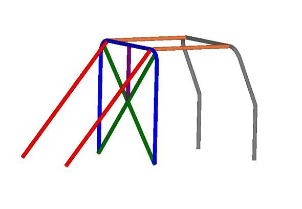 Kryss i huvudbåge (grön, bild 3) diagonalt från övre hörn till nedre fästpunkter (krav vid inre burbredd större än 100 cm) eller kryss från huvudbåges övre hörn diagonalt till nedre fästpunkt för