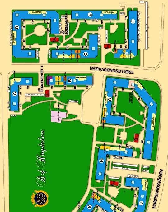 Områdeskarta Hus A = Trollesundsvägen 100-106, Hus B = Trollesundsvägen 108-114, Hus C = Trollesundsvägen