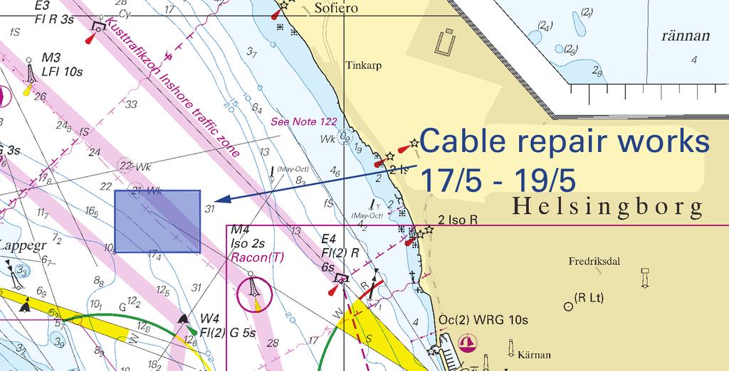 11 Nr 448 Sweden. The Sound. NW of Helsingborg. TSS in The Sound. Cable repair works.