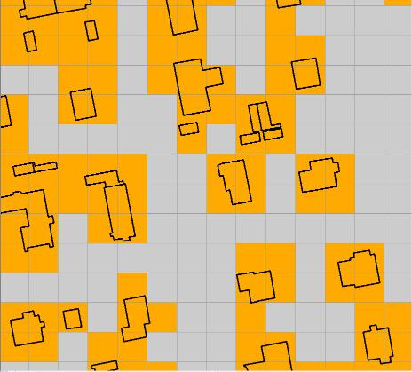 Metoderna som använts är: Blått= om centroiden i pixeln berörs av en byggnad, Rosa = om pixeln till största delen berörs av en byggnad, Orange = pixeln berörs av byggnaden.