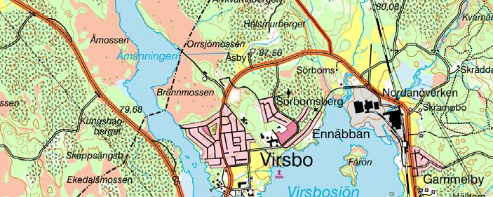 Inledning Under 2006-2007 har klockstapeln vid Virsbo kyrka renoverats. Tillstånd gavs av Länsstyrelsen dnr 433-10767-06. Figur 1. Kyrkan markerad med en ring. Underlagskarta Gröna kartan.