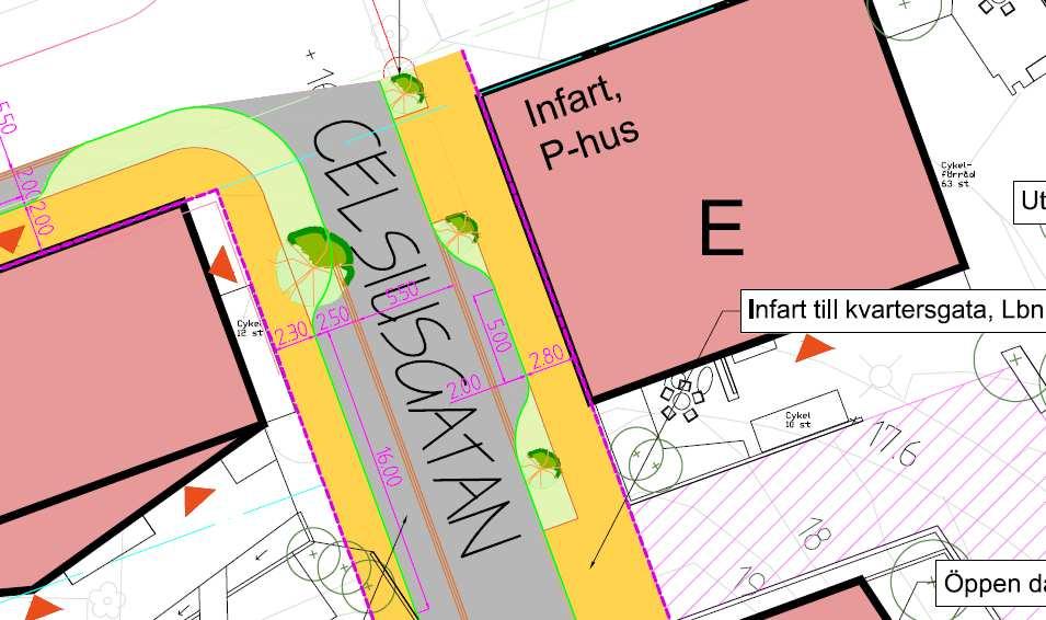 Figur 10 Celsiusgatan Strax intill korsningen med Bratteråsbacken placeras infarten till ett parkeringsgarage som planeras under hus E och F.