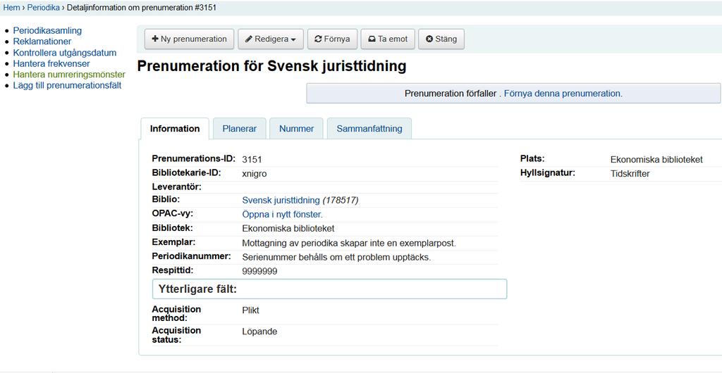 Så här ser en prenumerationspost ut: 1.2 Fliken Information Prenumerations-ID: Motsvarar Virtua-ID för beståndsposten som hämtas från 001 Biblio: Direktlänk till bib-posten där man t.ex.