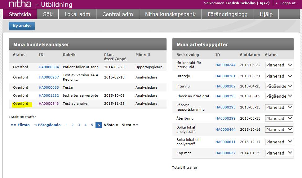 Nitha startsida Status på analysen är nu Överförd på din Startsida Ladda upp modifierbar version i Nitha ej till KB t ex sätta diarienummer på rapport (internt).