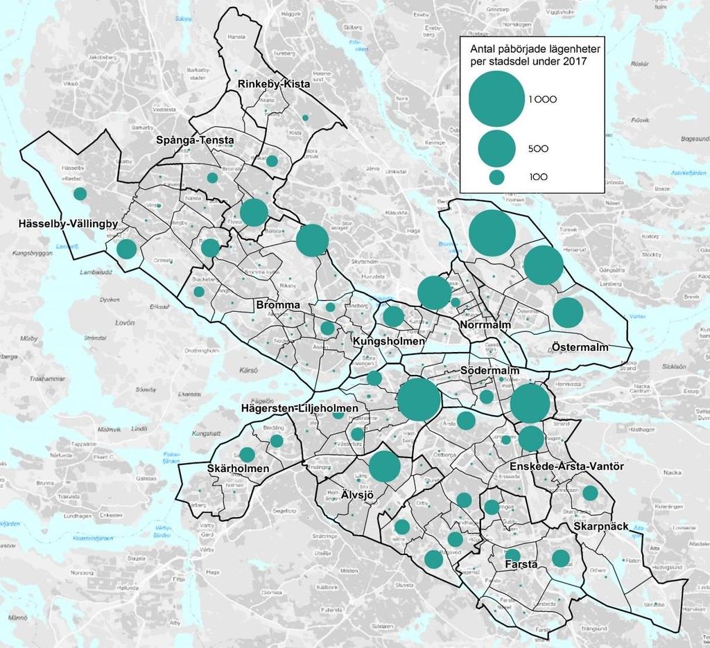 Kartan nedan visar var de påbörjade bostäderna tillkommer per stadsdel, cirkelns storlek representerar antalet bostäder.
