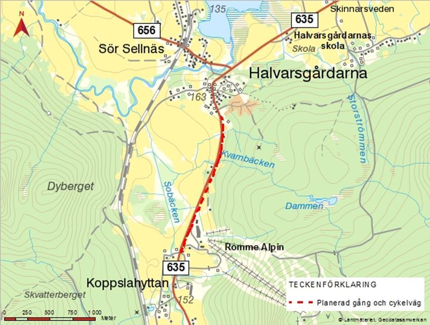 Figur 1. Översiktskarta med planerad gång- och cykelväg öster om väg 635. Länsstyrelsen i Dalarnas län beslutade 2016-04-05 att projektet inte kan antas innebära betydande miljöpåverkan. 2.3. Tidigare utredningar och koppling till närliggande projekt Ingen åtgärdsvalsstudie har genomförts.
