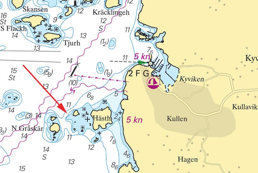11 Nr 416 Sweden. Kattegat. Kullavik. Hästholmen. Ändrad djupkurva. West of the island Hästholmen at the small islet has an previously uncharted shoal been found.