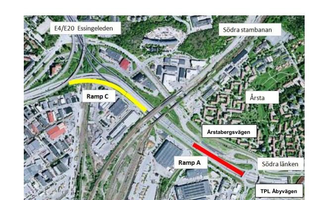 Inledning För att öka framkomligheten och minska olycksrisken ska en vägplan tas fram för två nya ramper på Årstalänken mellan E4/E 20 Essingeleden och väg 75 vid Tpl Åbyvägen.