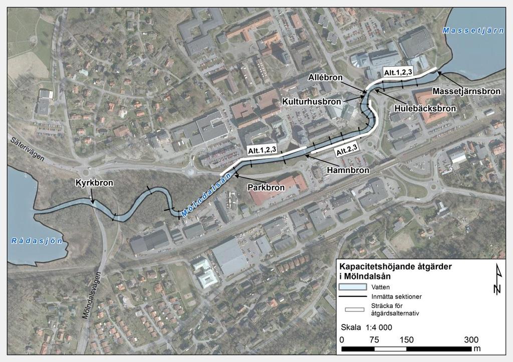 genomförts. Tre olika åtgärdsalternativ har tagits fram för utökning av olika sektioner av Mölndalsån i dess passage mellan Massetjärn och Rådasjön, se Figur 6.