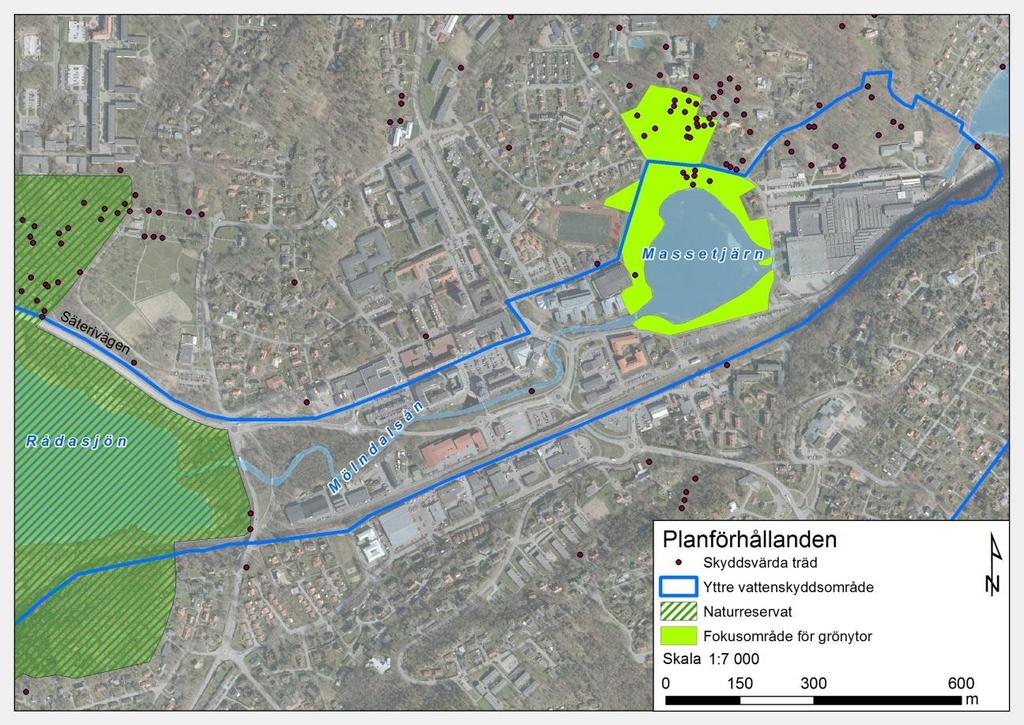 Figur 9. Gällande planförhållanden i området. Både Mölndalsån och Rådasjön är enligt Härryda kommuns översiktsplan klassade som värdefulla med höga naturvärden.