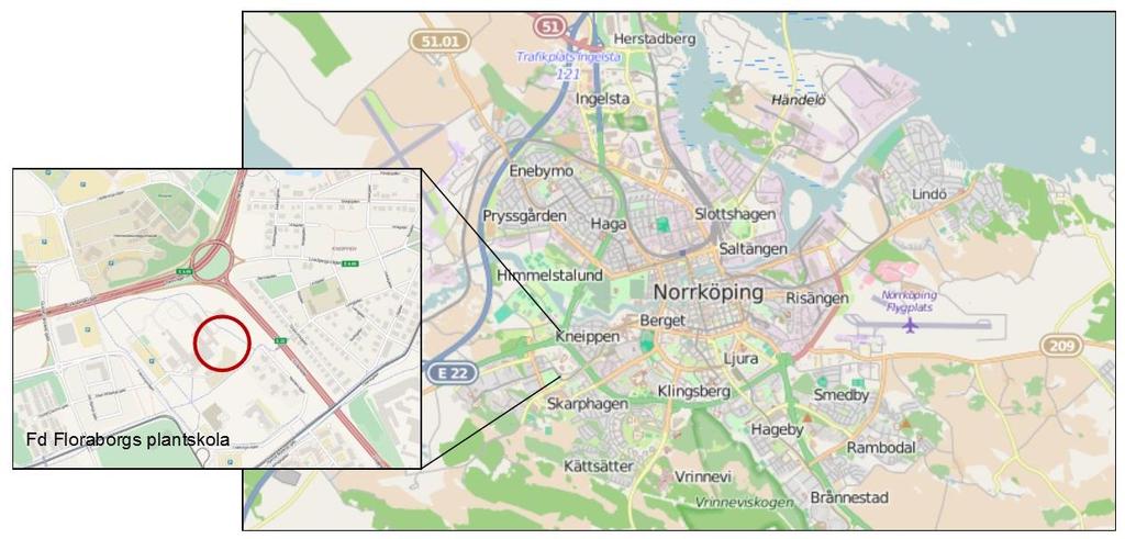 2 Undersökningsområdet 2.1 Lokalisering och omgivningsförhållanden F.d. Floraborgs handelsträdgård låg i västra den av Norrköping i stadsdelen Klockaretorpet.