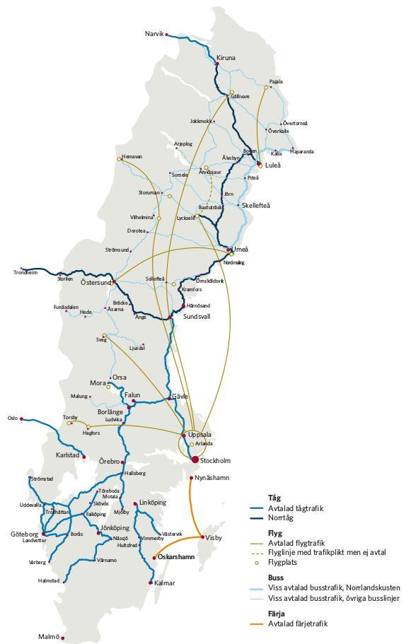 13 Figur 2 Nu gällande bild över upphandlad trafik i Sverige En liknande situation uppstår då stora företag själva söker transportupplägg i tågplanen. De blir då ägare av den tilldelade kapaciteten.