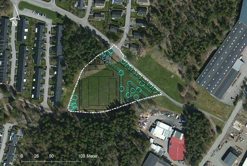 Figur 1-2. Flygfoto över planområdet som avgränsas med en vitstreckad polygon. 1.1 Allmänt om dagvatten Dagvatten definieras som ett tillfälligt förekommande vatten som avrinner markytan vid regn och snösmältning.