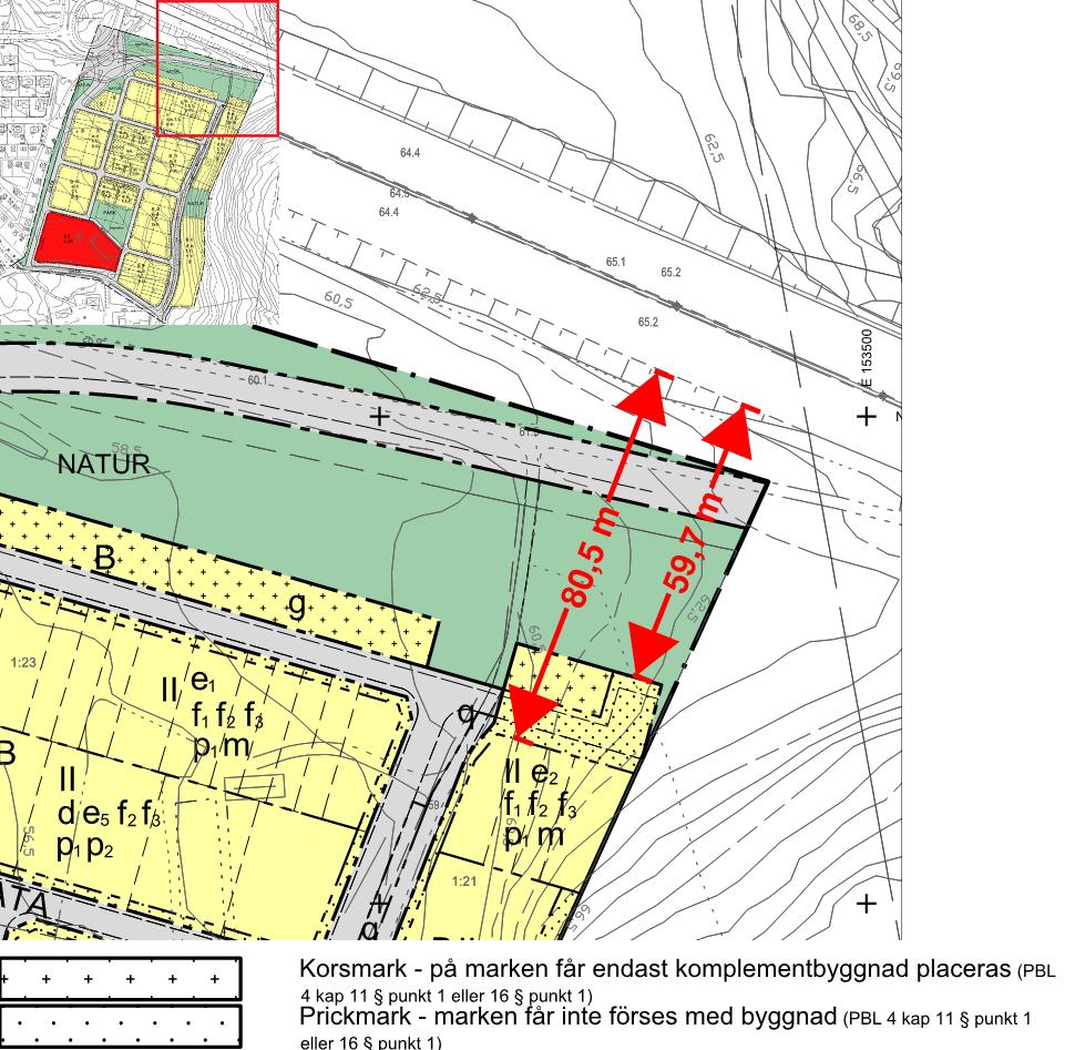 Figur 3. Plankarta förstorad. Det kortaste avståndet mellan väg E18 och planerad bebyggelse inom planområdet uppgår till ca 60 meter.