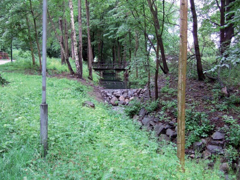 Övre delen av ravinen Vision Entrén inbjuder till en promenad längs gångvägen intill ravinen. Gångvägen är relativt skuggad och ravinen skymtar mellan trädstammar.