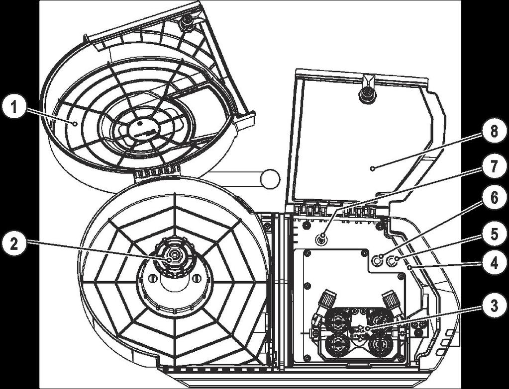 Apparatbeskrivning - snabböversikt Bild inne 4.3 Bild inne Pos. Symbol Beskrivning 0 1 Skyddslucka för trådspole 2 Trådspolsupphängning 3 Trådmatarenhet Bild. 4.3 4 Belysning, innerutrymme Belysningen kopplas från i energisparmodus och vid E-Hand- och WIG-svetsning.