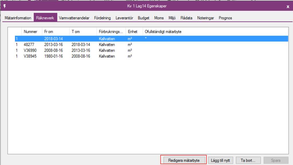 I den dialog som öppnas via Redigera mätarbyte kan datum för mätarbyte, slut- och startavläsning, konstant,
