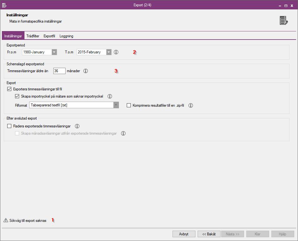 STEG 2: INSTÄLLNINGAR Steg 2 i exporten hanterar alla inställningar som styr vad exporten ska göra. Detta steg består av fyra flikar med inställningar som man ska gå igenom.