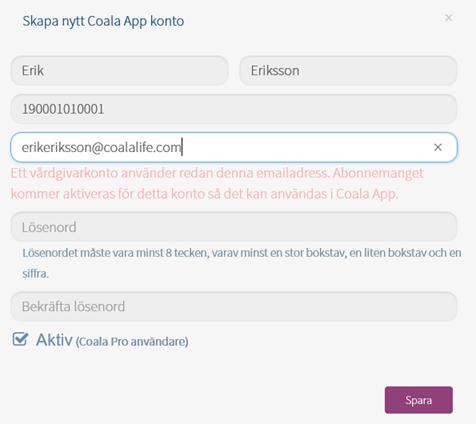 5 6 5. Efter att ha valt + Skapa nytt Coala App konto visas ett nytt fönster. Fyll i korrekt användarinformation med en fungerande e-postadress för att skapa ett nytt användarkonto.