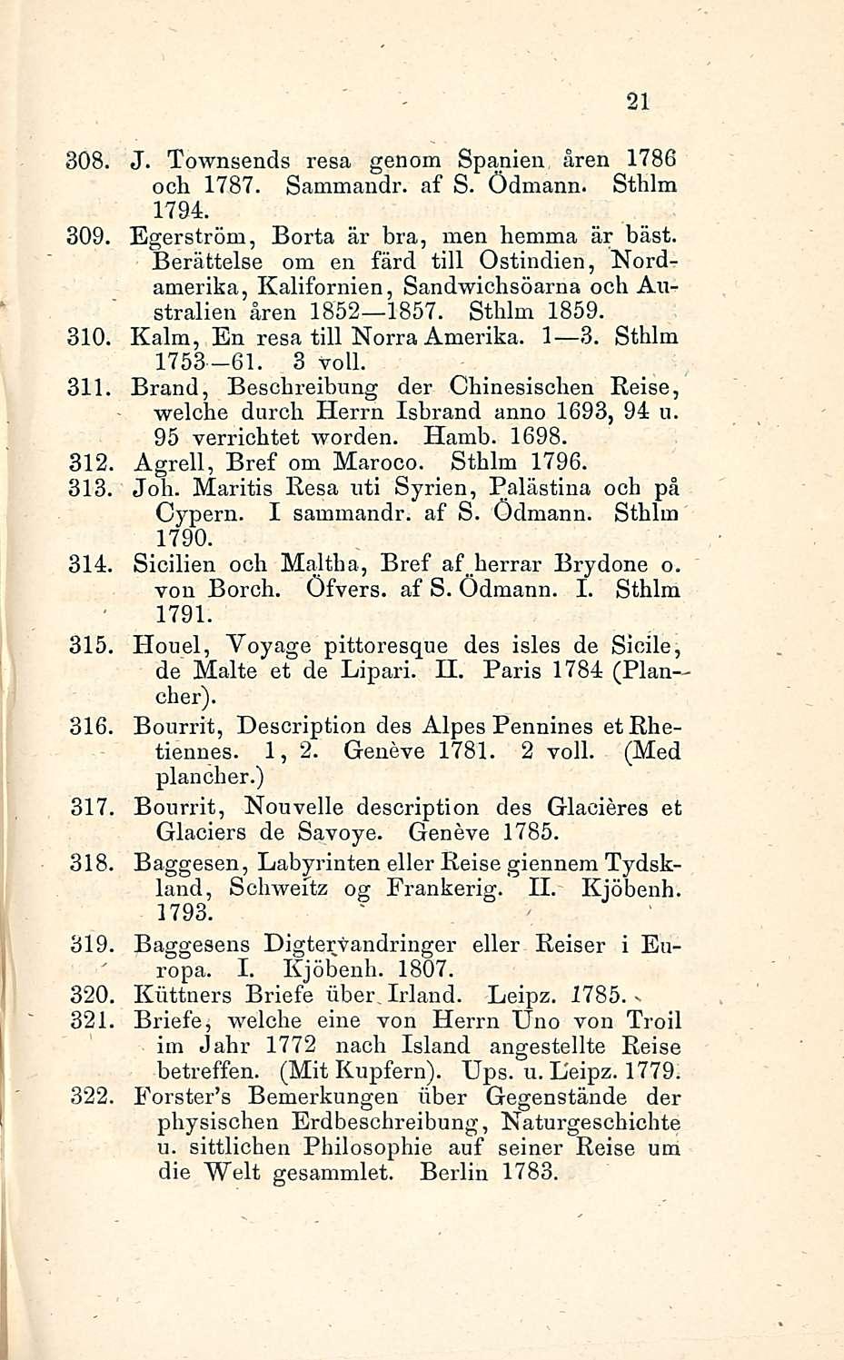 21 308. J. Townsends resa genom Spanien åren 1786 och 1787. Sammandr. af S. Ödmann. Sthlm 1794. 309. Egerström, Borta är bra, men hemma är bäst.
