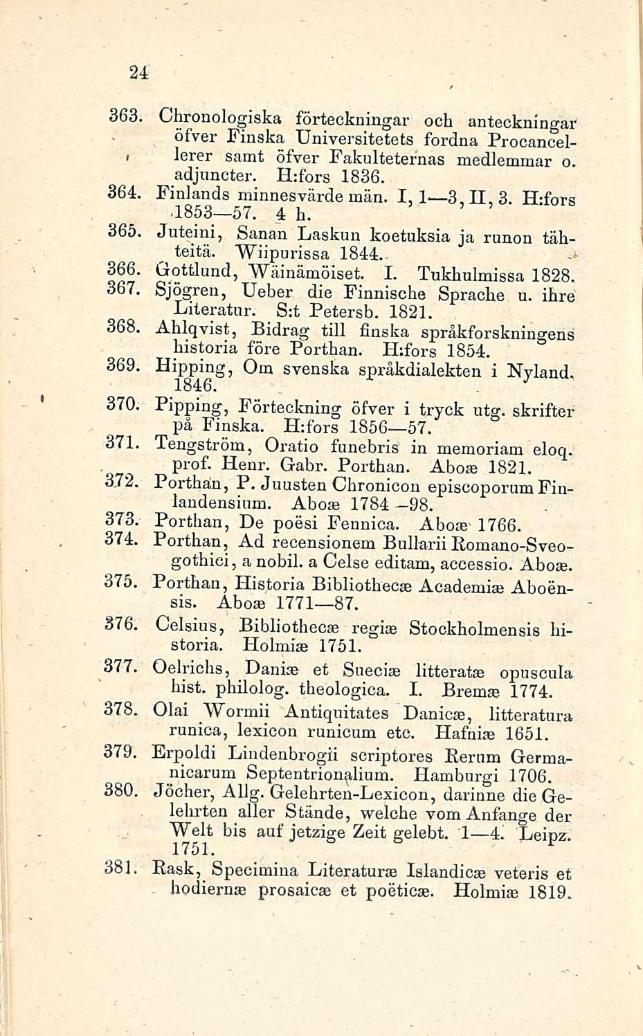 24 363. Ghronologiska förteckningar och anteckningar ofver Finska Universitetets fordna Procaneeli lerer samt öfver Fakulteternas medlemmar o. adjnncter. H:fors 1836. 364. Finlands minnesvärde män.