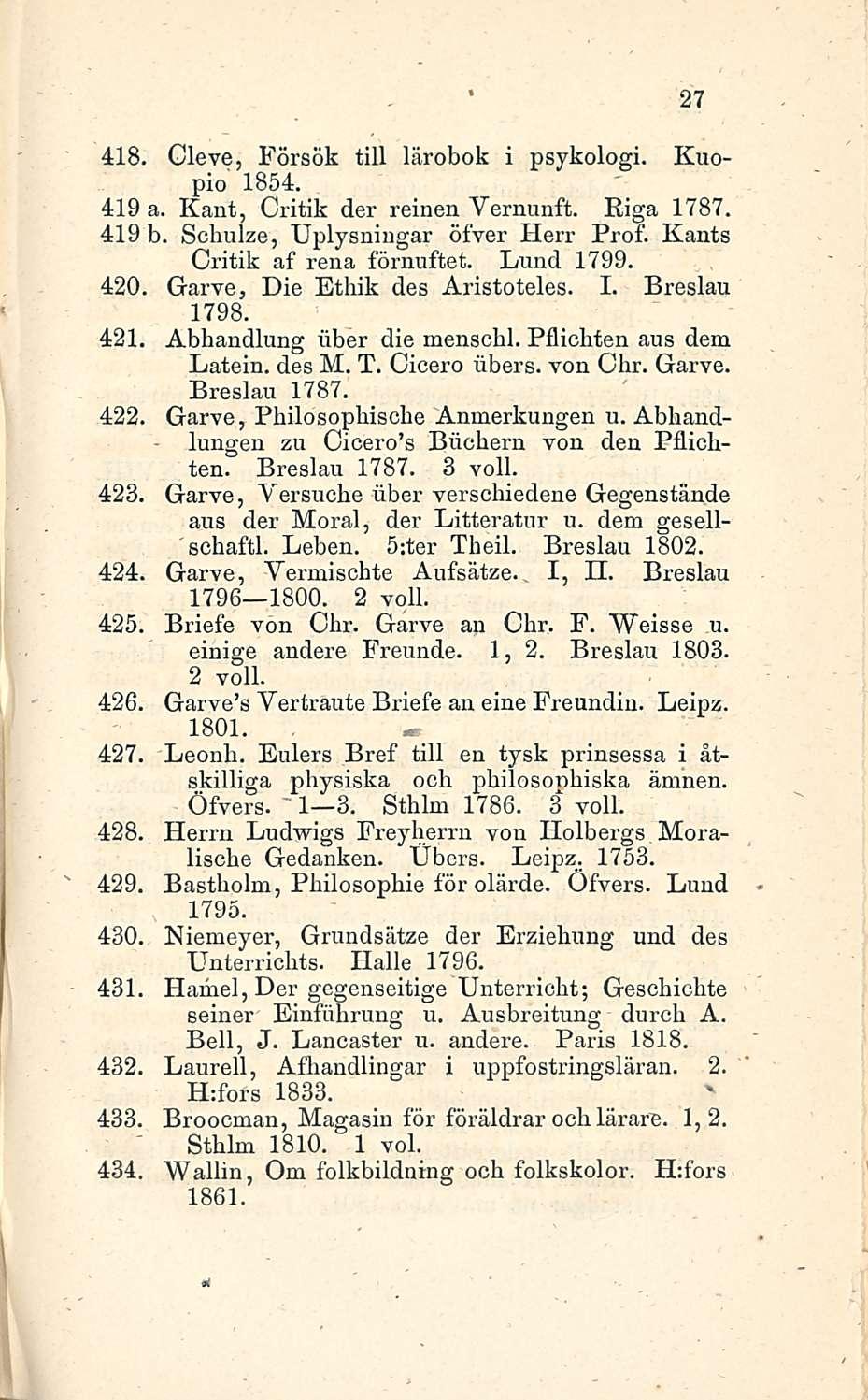 " 27 418. Gleve, Försök tili lärobok i psykologi. Kuopio 1854. 419 a. Kant, Critik der reinen Vernunft. Riga 1787. 419 b. Schulze, Uplysningar öfver Herr Prof. Kants Critik af rena förnuftet.
