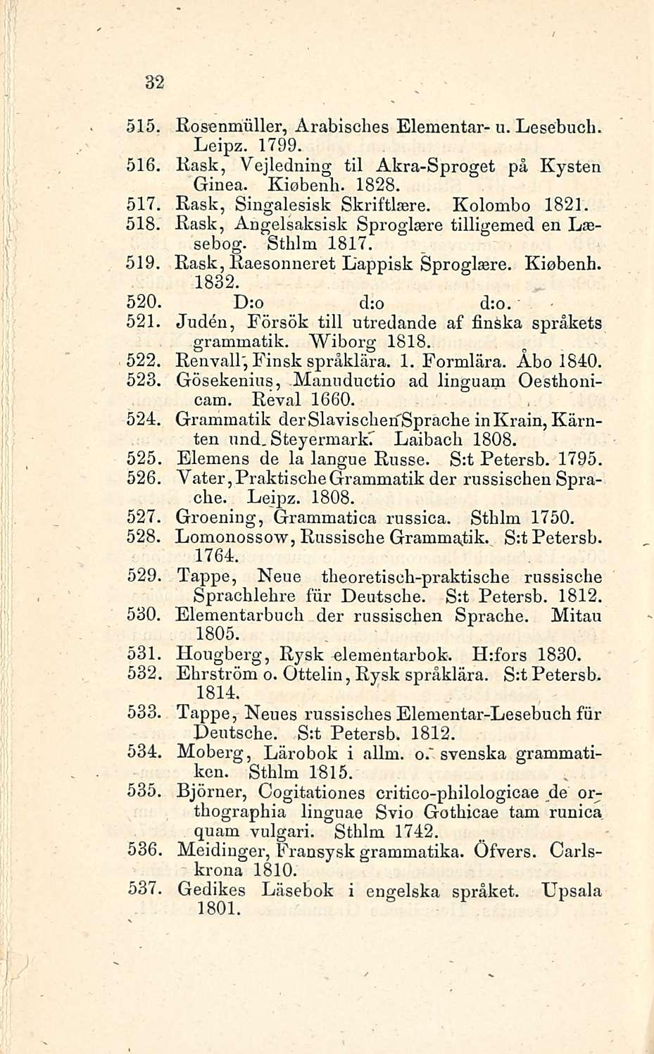 32 515 Rosenmiiller, Arabisches Elementar- u. Lesebuch. Leipz. 1799. 516 Kask, Vejledning til Akra-Sproget på Kysten Ginea. Kiobenh. 1828. 517 Rask, Singalesisk Skriftlsere. Kolornbo 1821.