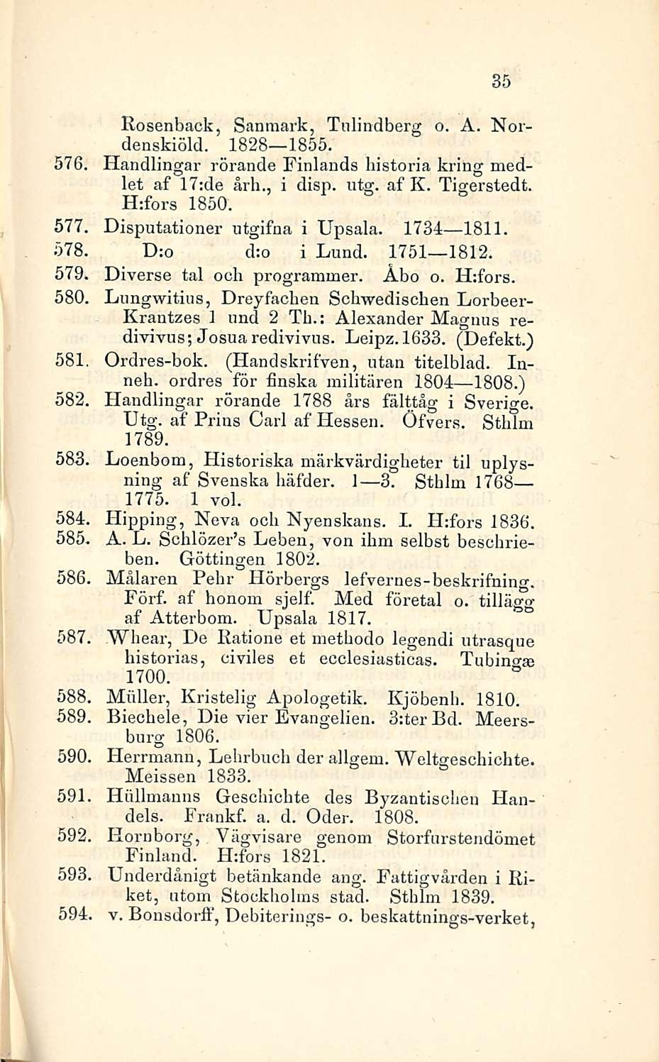 35 Rosenback, Sanmark, Tulindberg o. A. Nordenskiöld. 1828 1855. 576. Handlingar rörande Finlands historia kring medlet af 17:de årh., i disp. utg. af K. Tigerstedt. H:fors 1850. 577.